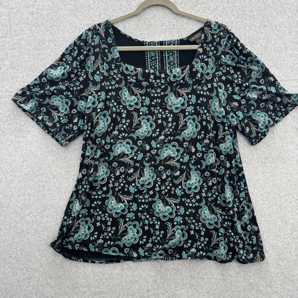 J. Jill Wearever Collection Button Back Floral Top Sz L Black Blue Dainty Office